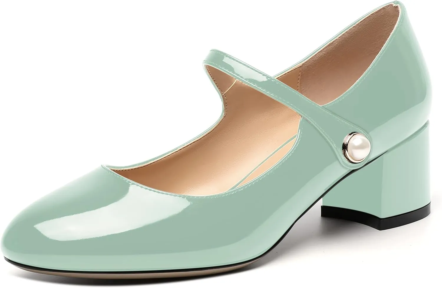 ROSERWISH Womens Strap Patent Ankle Strap Uniform Cute Round Toe Chunky Low Heel Pumps Shoes 2 Inch