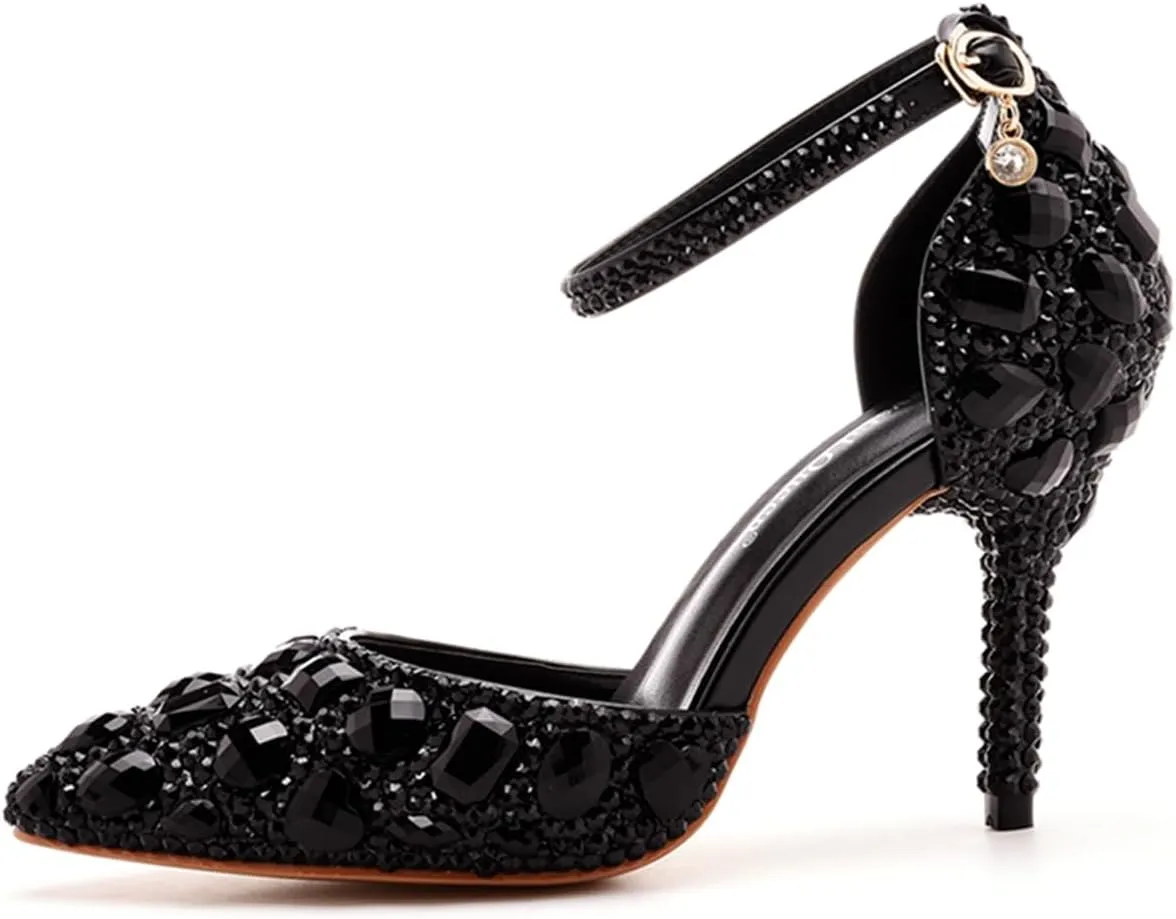 Royal Blue Rhinestone Sandals Thin High Heels Pointed Toe Sandals Blue Crystal Heels Shoes Fashion High Heel Shoes
