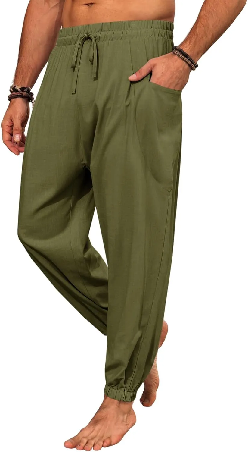 Runcati Mens Harem Pants Casual Elastic Waist Drawstring Baggy Pants Summer Hippie Hip Hop Trousers