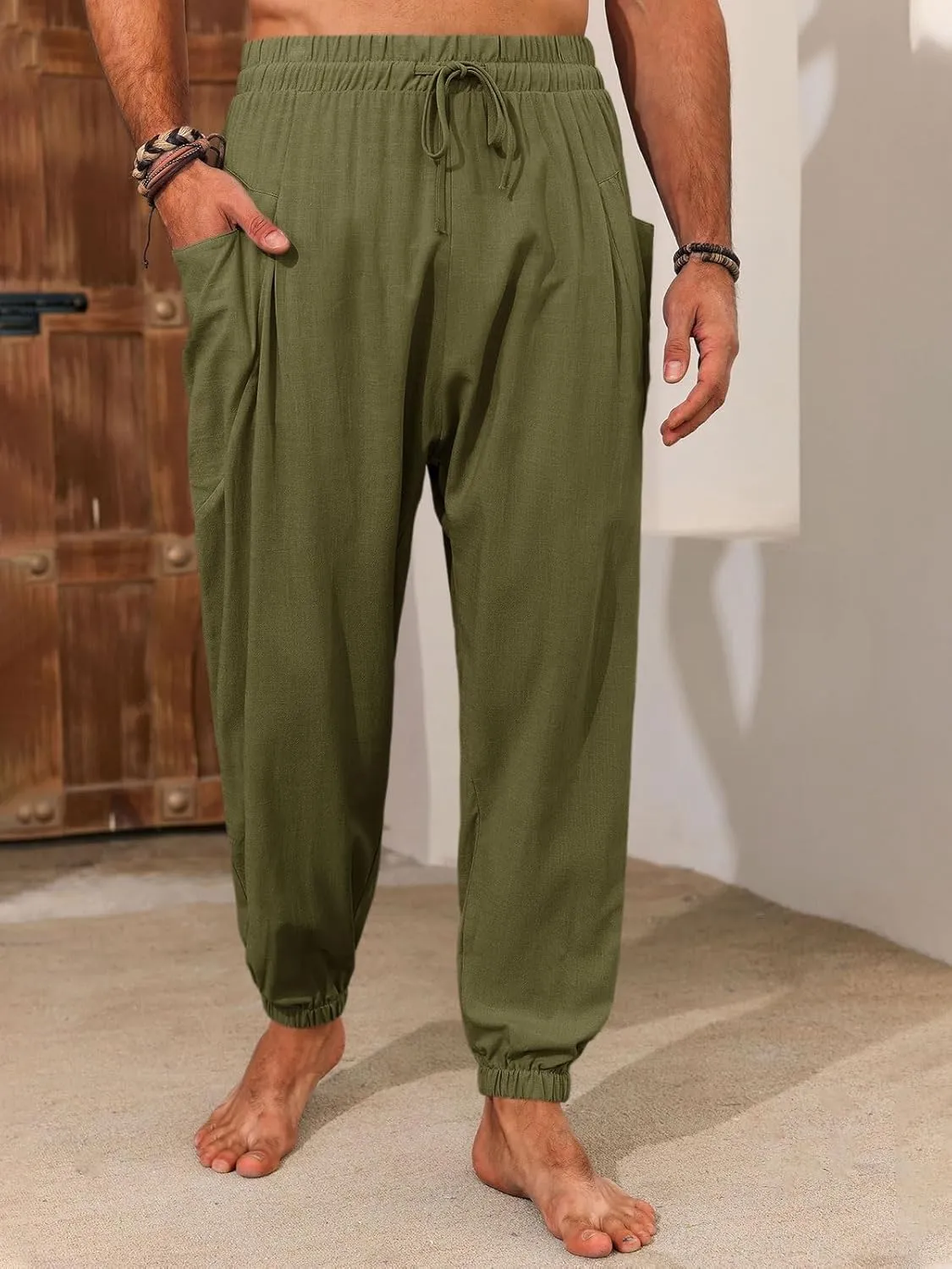 Runcati Mens Harem Pants Casual Elastic Waist Drawstring Baggy Pants Summer Hippie Hip Hop Trousers