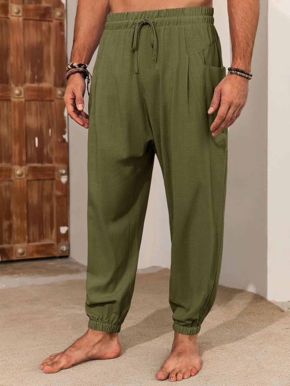 Runcati Mens Harem Pants Casual Elastic Waist Drawstring Baggy Pants Summer Hippie Hip Hop Trousers