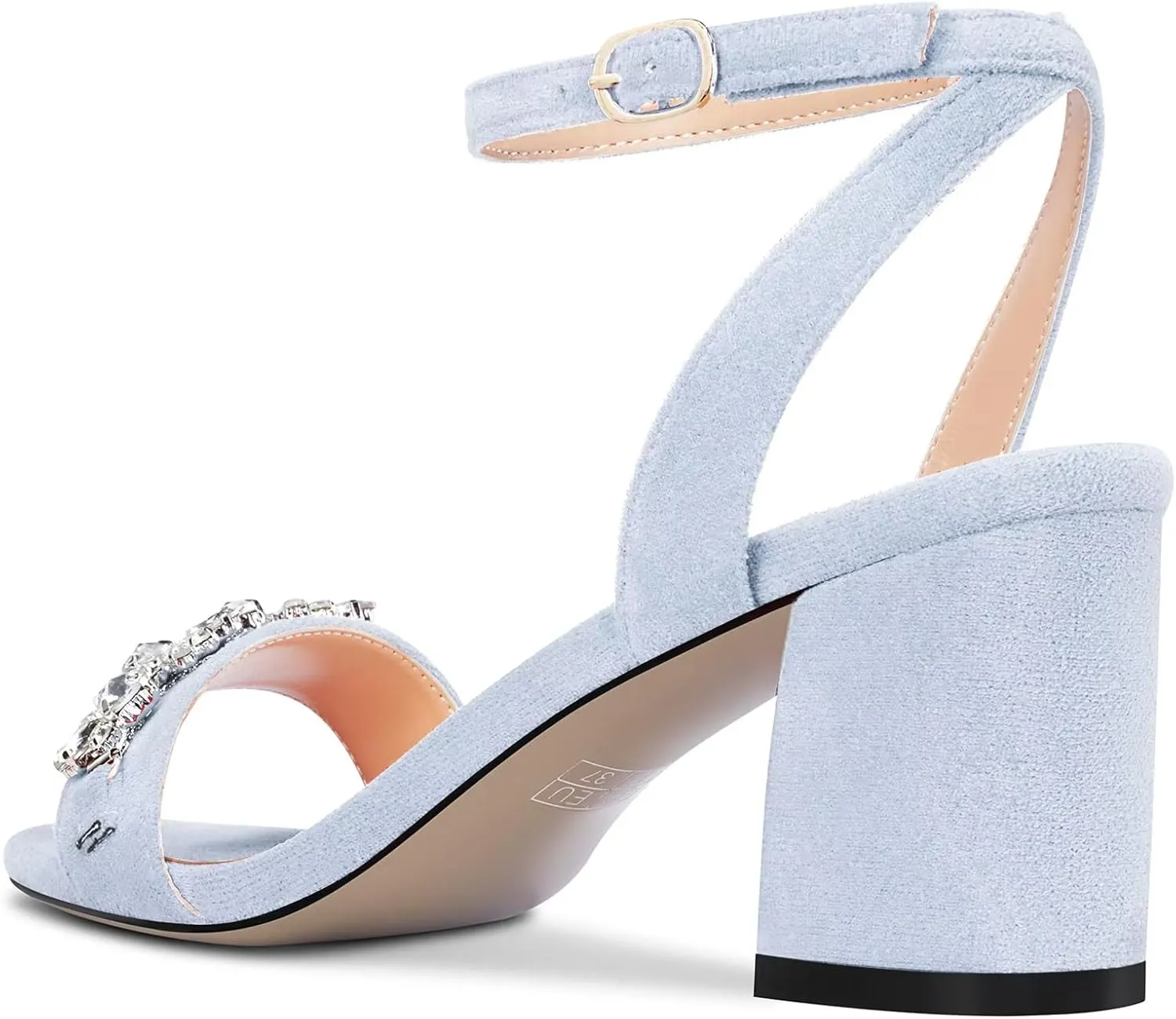 Saekcted Women Chunky Block Mid Heel Peep Open Toe Sandals Ankle Strap Rhinestone Crystal Casual Dress Shoes