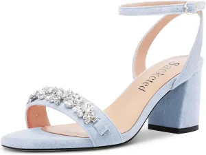 Saekcted Women Chunky Block Mid Heel Peep Open Toe Sandals Ankle Strap Rhinestone Crystal Casual Dress Shoes