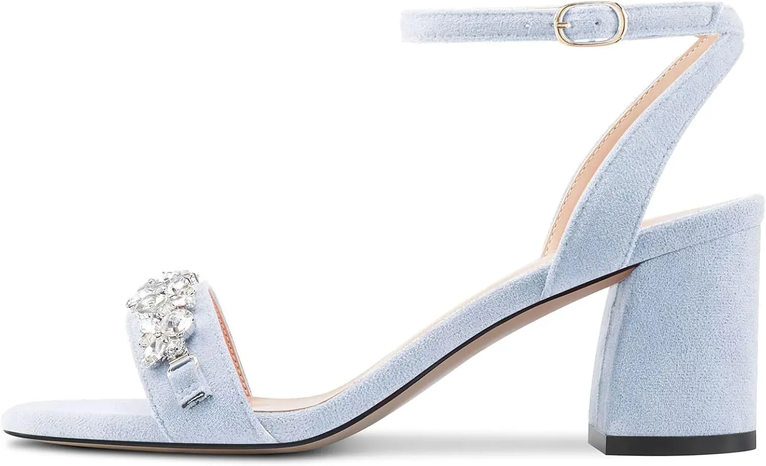 Saekcted Women Chunky Block Mid Heel Peep Open Toe Sandals Ankle Strap Rhinestone Crystal Casual Dress Shoes