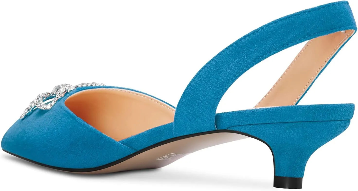Saekcted Womens Low Kitten Heel Pointed Toe Sandals Slingback Slip-on Pumps Rhinestone Crystal Bow-Knot Dress Shoes