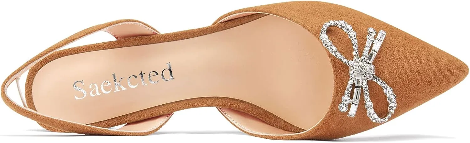 Saekcted Womens Low Kitten Heel Pointed Toe Sandals Slingback Slip-on Pumps Rhinestone Crystal Bow-Knot Dress Shoes