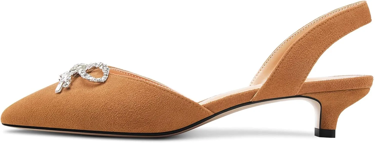 Saekcted Womens Low Kitten Heel Pointed Toe Sandals Slingback Slip-on Pumps Rhinestone Crystal Bow-Knot Dress Shoes