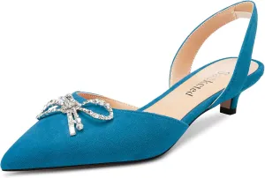 Saekcted Womens Low Kitten Heel Pointed Toe Sandals Slingback Slip-on Pumps Rhinestone Crystal Bow-Knot Dress Shoes