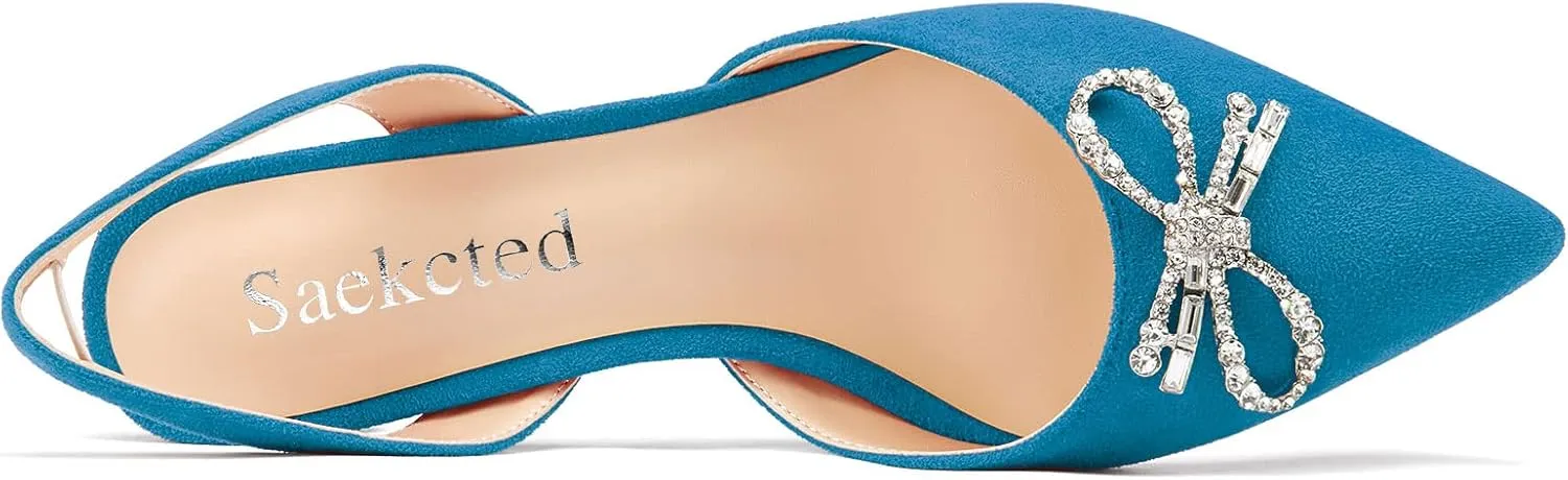 Saekcted Womens Low Kitten Heel Pointed Toe Sandals Slingback Slip-on Pumps Rhinestone Crystal Bow-Knot Dress Shoes