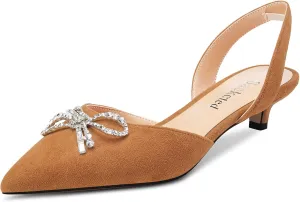 Saekcted Womens Low Kitten Heel Pointed Toe Sandals Slingback Slip-on Pumps Rhinestone Crystal Bow-Knot Dress Shoes