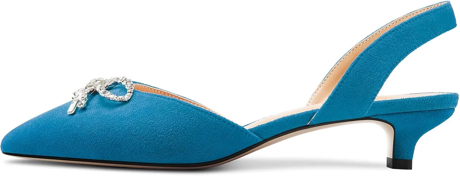 Saekcted Womens Low Kitten Heel Pointed Toe Sandals Slingback Slip-on Pumps Rhinestone Crystal Bow-Knot Dress Shoes