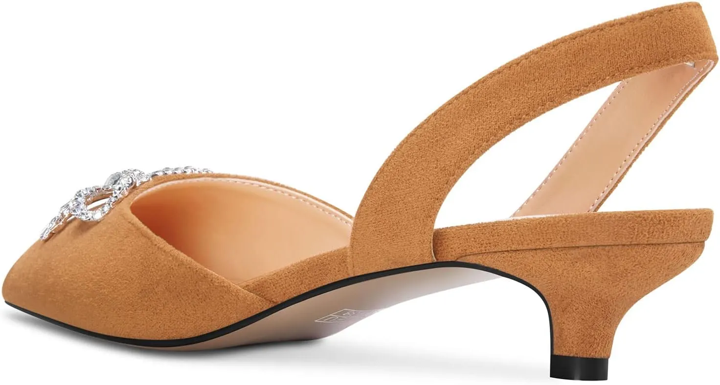Saekcted Womens Low Kitten Heel Pointed Toe Sandals Slingback Slip-on Pumps Rhinestone Crystal Bow-Knot Dress Shoes