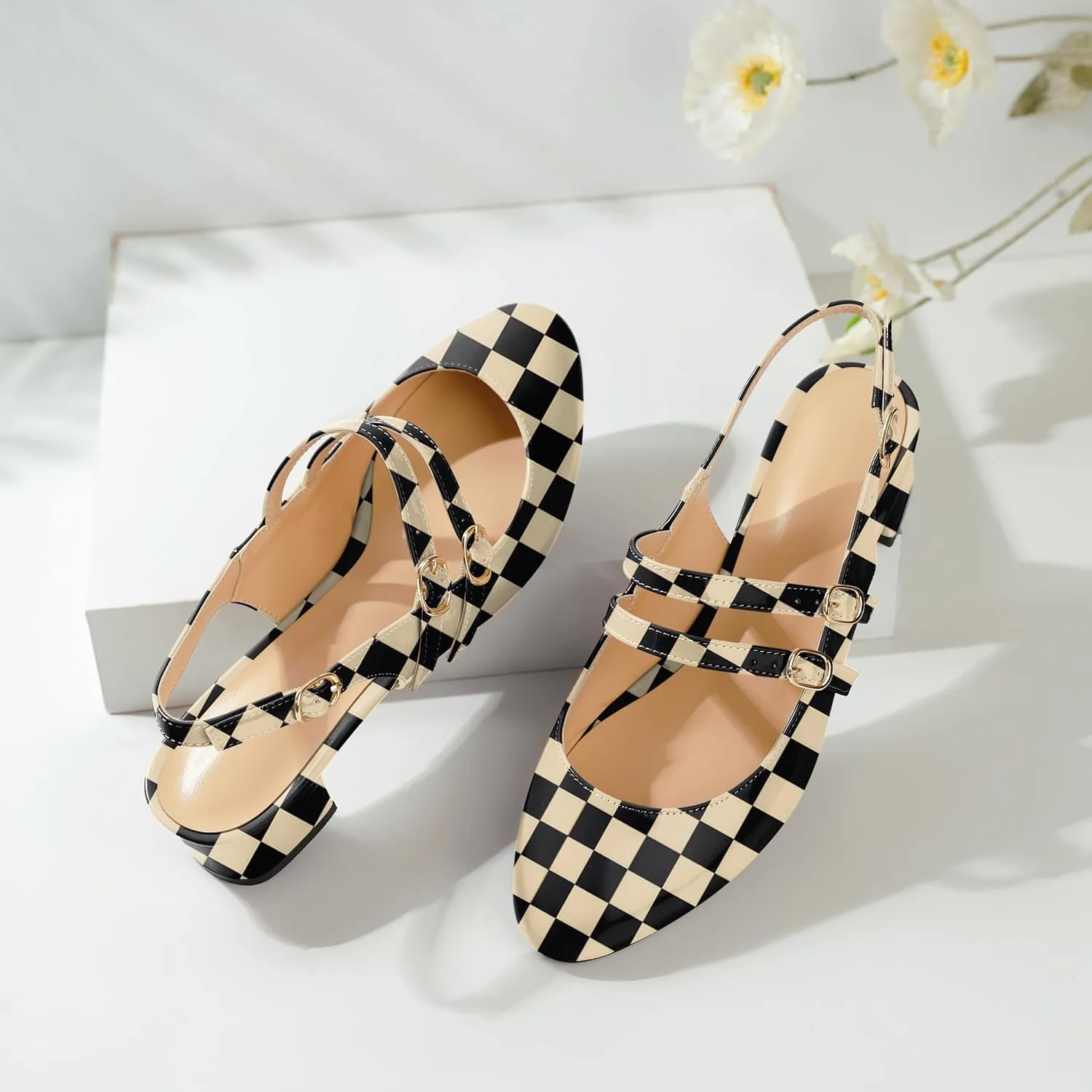 SAMMITOP Mary Janes for Women Chunky Block Low Heel Slingback Pumps Mary Jane Dress Shoes Closed Round Toe Wedding Work Pumps 1.4 Inch