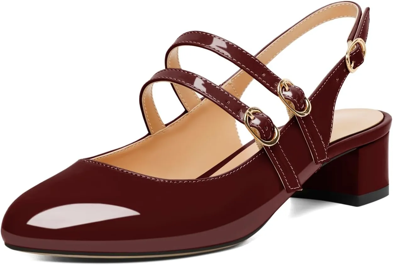 SAMMITOP Mary Janes for Women Chunky Block Low Heel Slingback Pumps Mary Jane Dress Shoes Closed Round Toe Wedding Work Pumps 1.4 Inch
