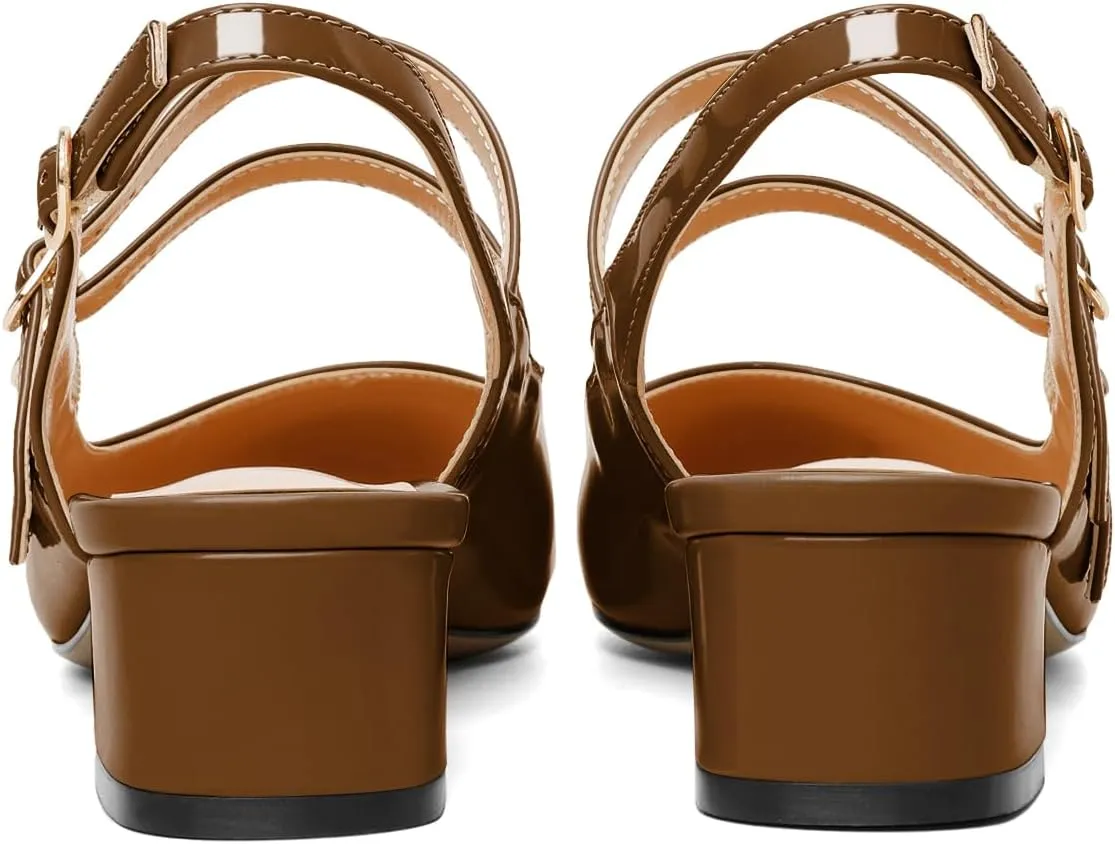 SAMMITOP Mary Janes for Women Chunky Block Low Heel Slingback Pumps Mary Jane Dress Shoes Closed Round Toe Wedding Work Pumps 1.4 Inch