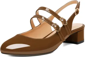 SAMMITOP Mary Janes for Women Chunky Block Low Heel Slingback Pumps Mary Jane Dress Shoes Closed Round Toe Wedding Work Pumps 1.4 Inch
