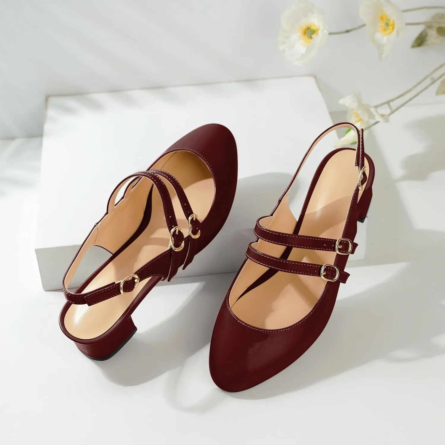 SAMMITOP Mary Janes for Women Chunky Block Low Heel Slingback Pumps Mary Jane Dress Shoes Closed Round Toe Wedding Work Pumps 1.4 Inch
