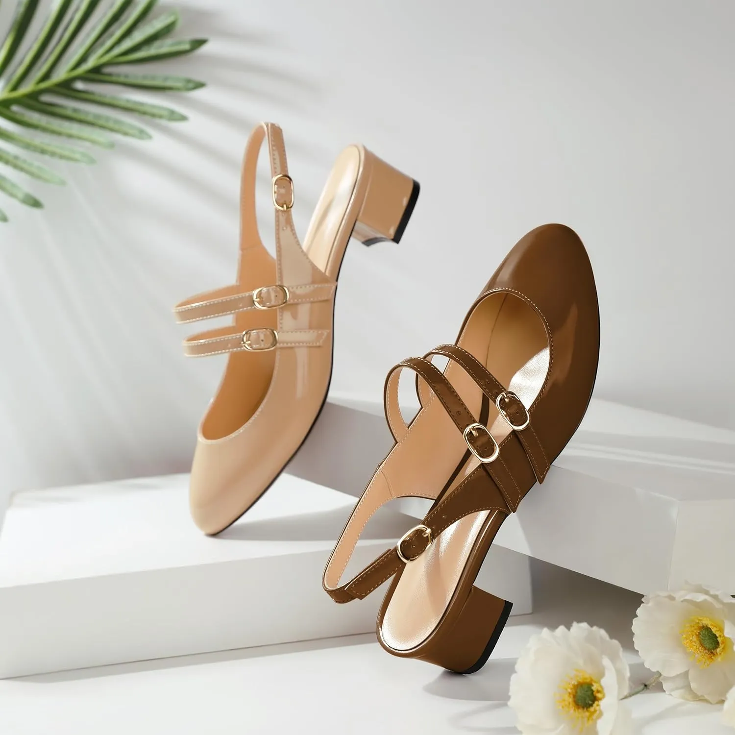 SAMMITOP Mary Janes for Women Chunky Block Low Heel Slingback Pumps Mary Jane Dress Shoes Closed Round Toe Wedding Work Pumps 1.4 Inch