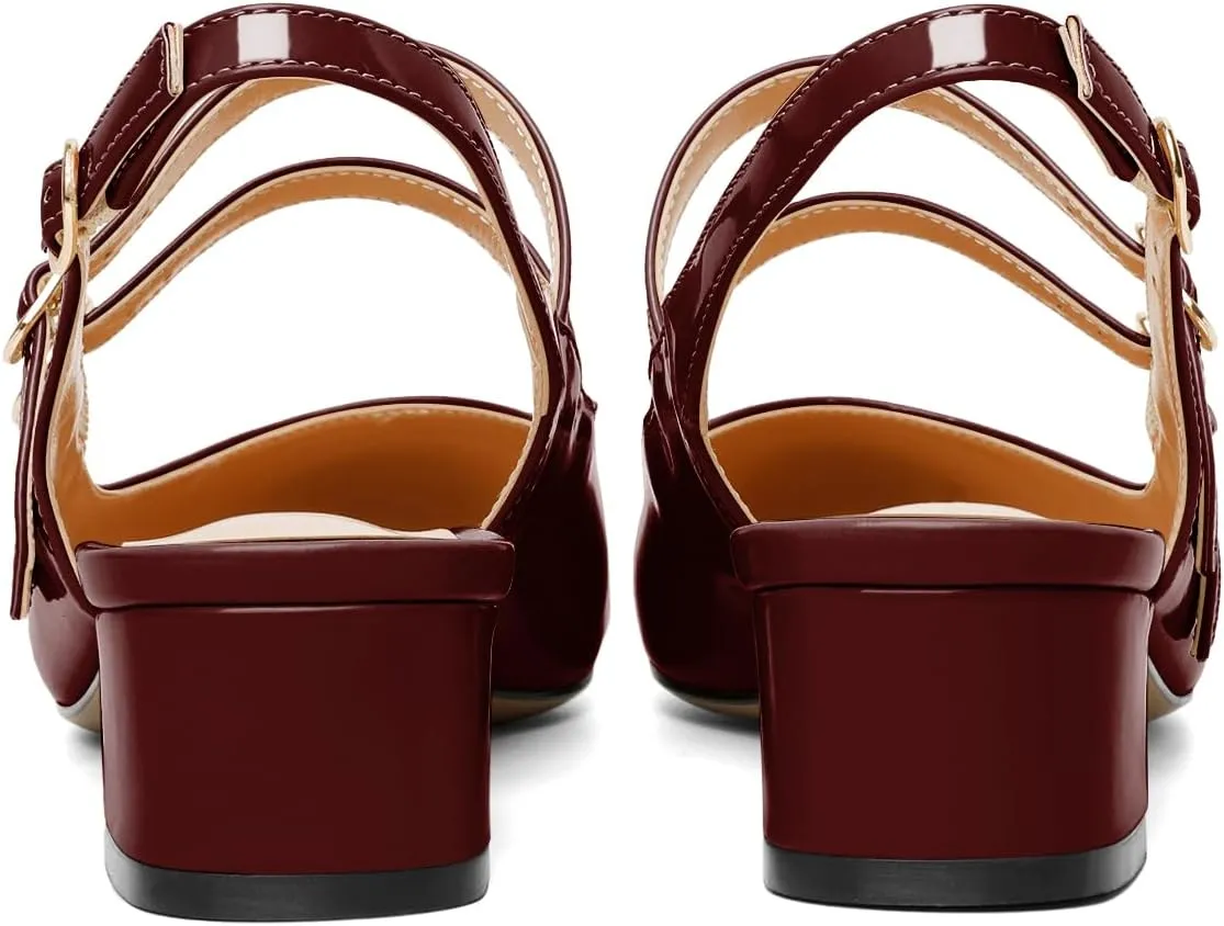 SAMMITOP Mary Janes for Women Chunky Block Low Heel Slingback Pumps Mary Jane Dress Shoes Closed Round Toe Wedding Work Pumps 1.4 Inch