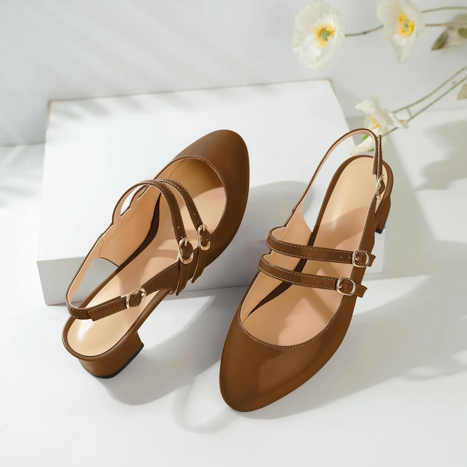 SAMMITOP Mary Janes for Women Chunky Block Low Heel Slingback Pumps Mary Jane Dress Shoes Closed Round Toe Wedding Work Pumps 1.4 Inch