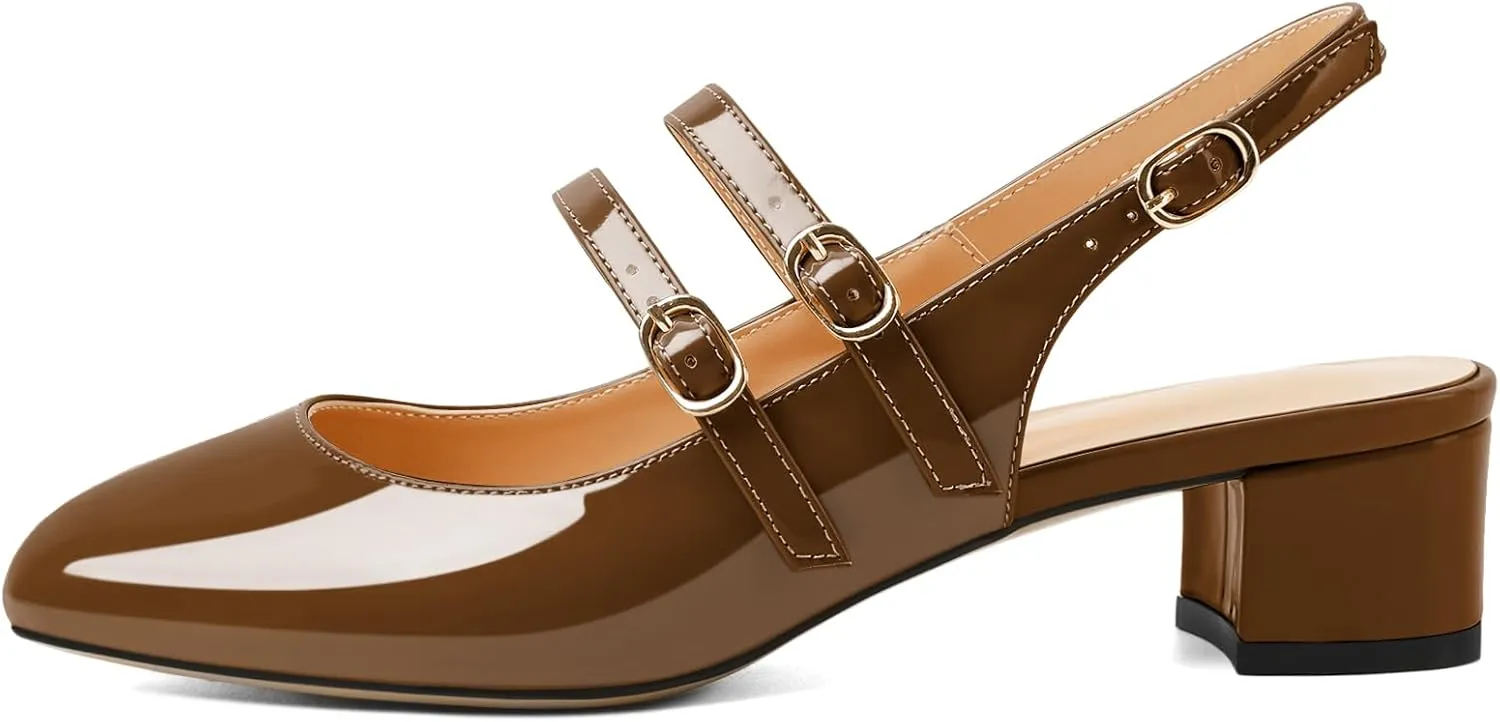 SAMMITOP Mary Janes for Women Chunky Block Low Heel Slingback Pumps Mary Jane Dress Shoes Closed Round Toe Wedding Work Pumps 1.4 Inch
