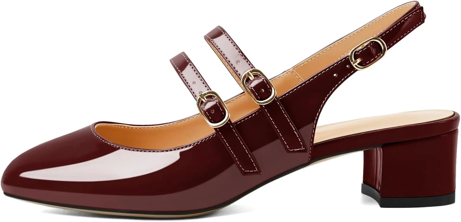 SAMMITOP Mary Janes for Women Chunky Block Low Heel Slingback Pumps Mary Jane Dress Shoes Closed Round Toe Wedding Work Pumps 1.4 Inch