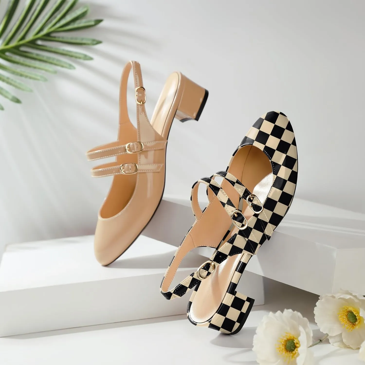 SAMMITOP Mary Janes for Women Chunky Block Low Heel Slingback Pumps Mary Jane Dress Shoes Closed Round Toe Wedding Work Pumps 1.4 Inch