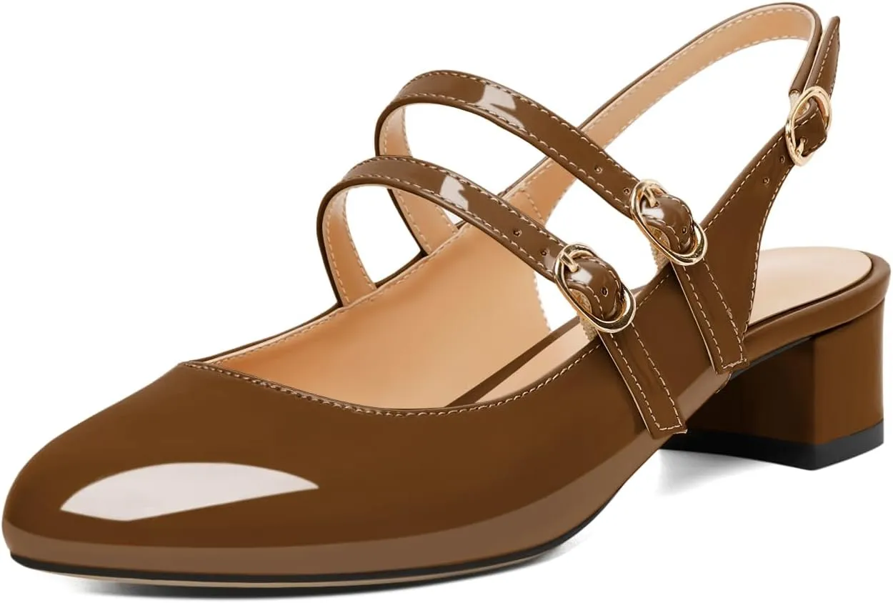 SAMMITOP Mary Janes for Women Chunky Block Low Heel Slingback Pumps Mary Jane Dress Shoes Closed Round Toe Wedding Work Pumps 1.4 Inch