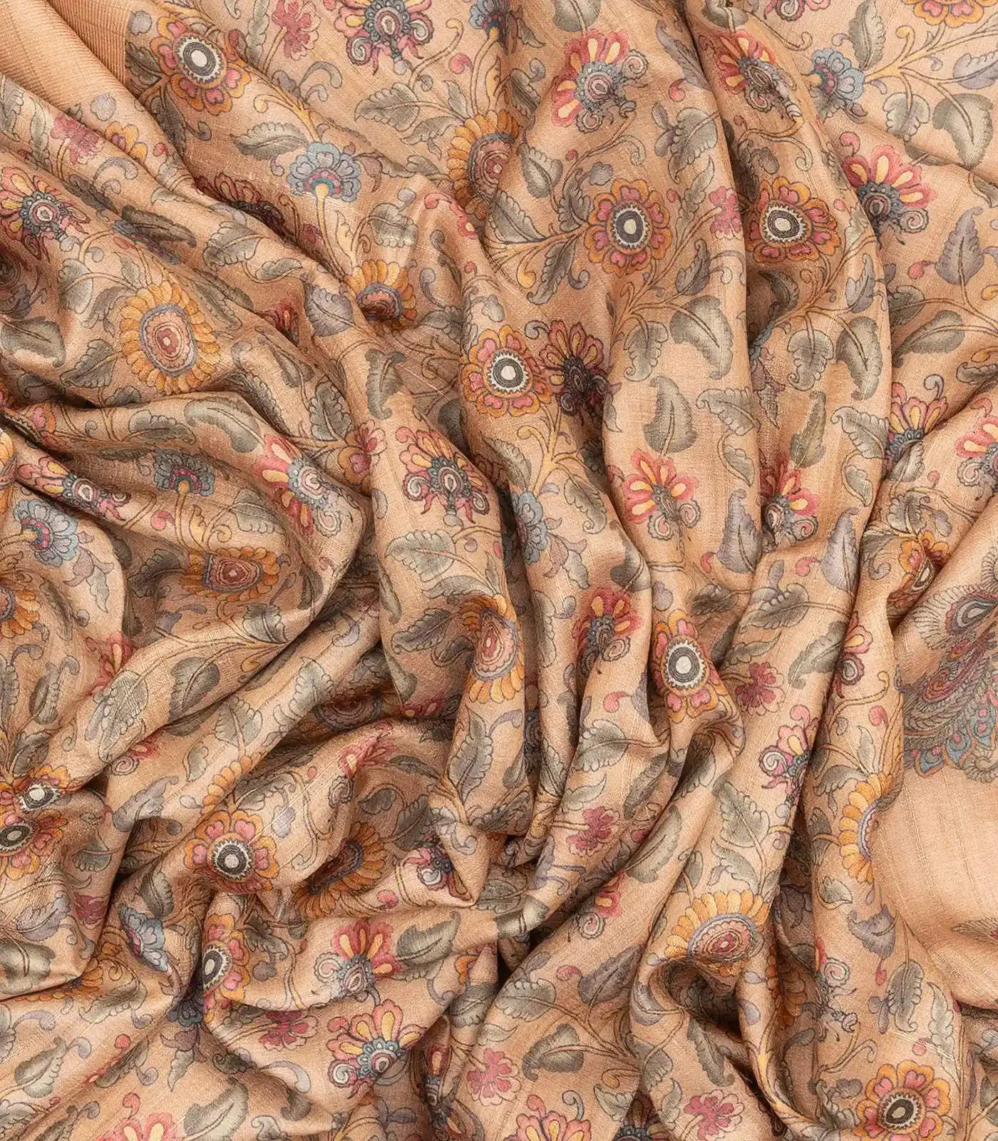 Sandal Woven Tussar Silk Saree With Printed Floral Motifs