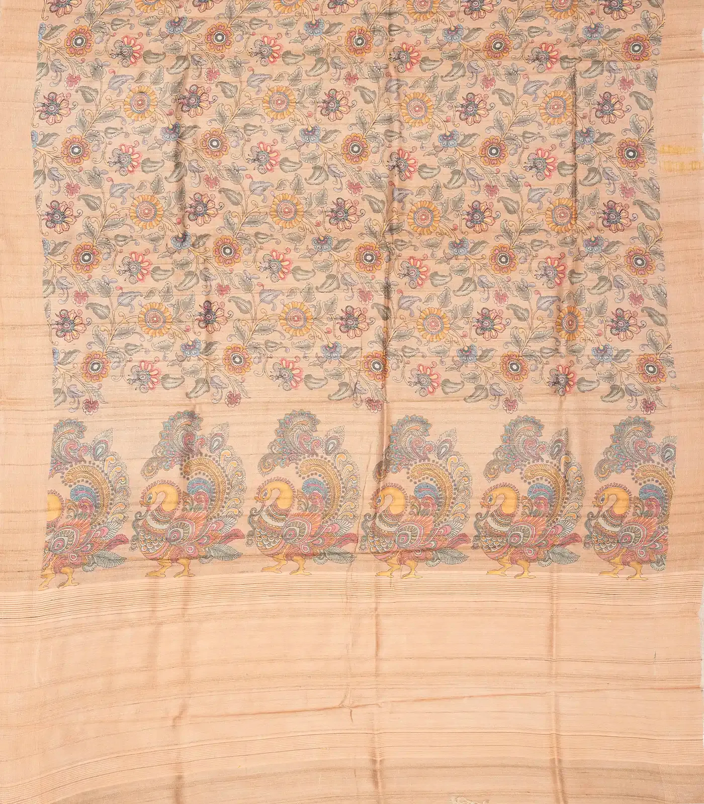Sandal Woven Tussar Silk Saree With Printed Floral Motifs