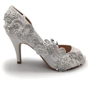 satin high heel shoes Lace shoes for woman Wedding shoes Bride High heels Open toe pearl Pumps fashion shoes Bride dress shoe Large