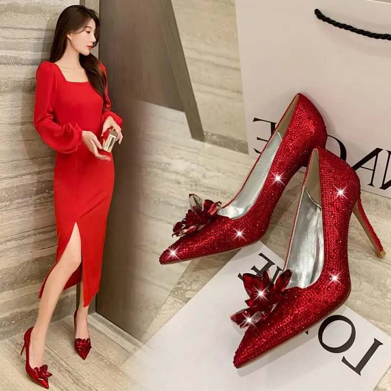 sexytag Women's Crystal Rhinestone Poined Toe Pumps Clear Stiletto High Heels