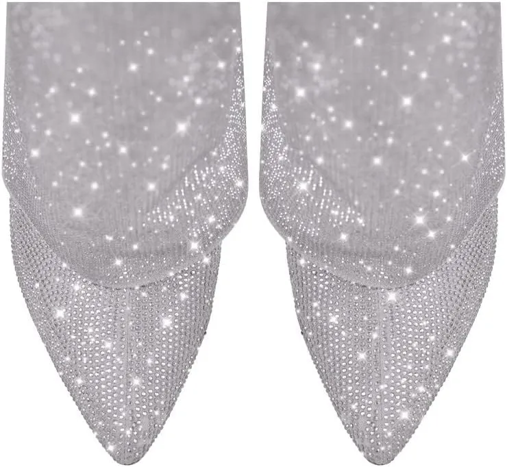 sexytag Womens Sparkly Rhinestone Boots Fold Over Padlock Knee High Wedge Heel Pointed Toe Pull-On Tall Boots