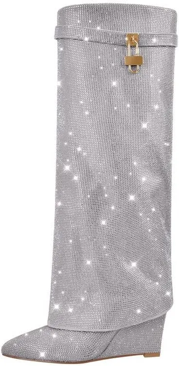 sexytag Womens Sparkly Rhinestone Boots Fold Over Padlock Knee High Wedge Heel Pointed Toe Pull-On Tall Boots