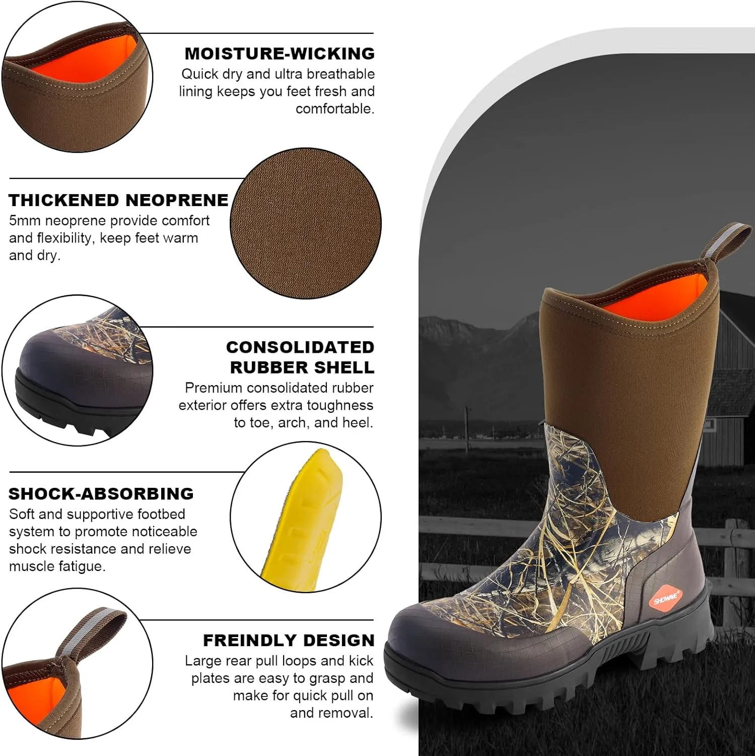 Showave Men's Mid Calf Rubber Work Boots Waterproof Rain Boot Insulated Mud Boots with Comfortable Sports Soles
