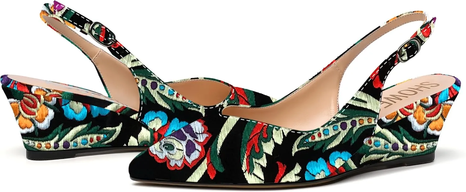 SHOWFOREST Women's Dating Adjustable Strap Buckle Solid Fashion Patent Pointed Toe Wedge Low Heel Pumps Shoes 2 Inch