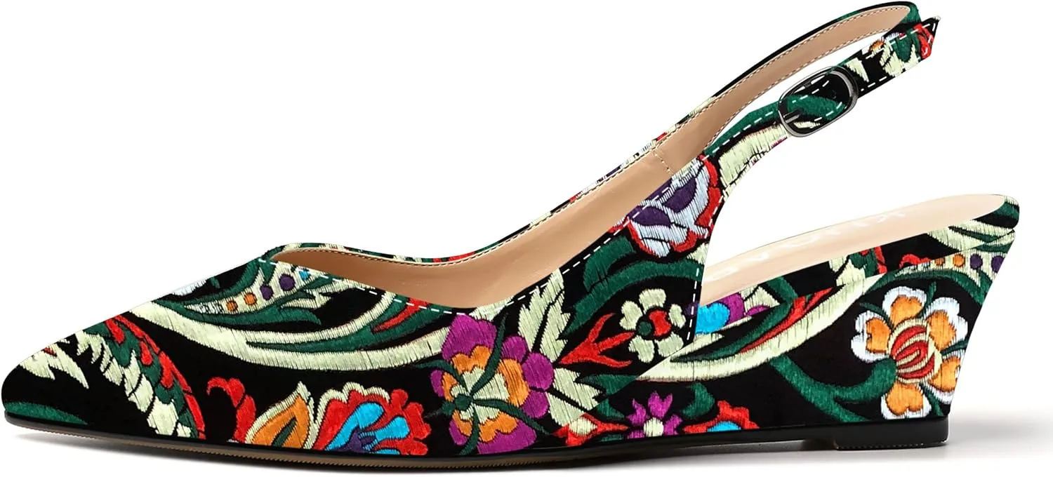 SHOWFOREST Women's Dating Adjustable Strap Buckle Solid Fashion Patent Pointed Toe Wedge Low Heel Pumps Shoes 2 Inch