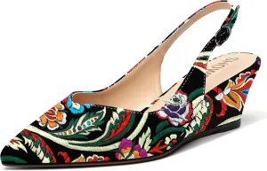 SHOWFOREST Women's Dating Adjustable Strap Buckle Solid Fashion Patent Pointed Toe Wedge Low Heel Pumps Shoes 2 Inch