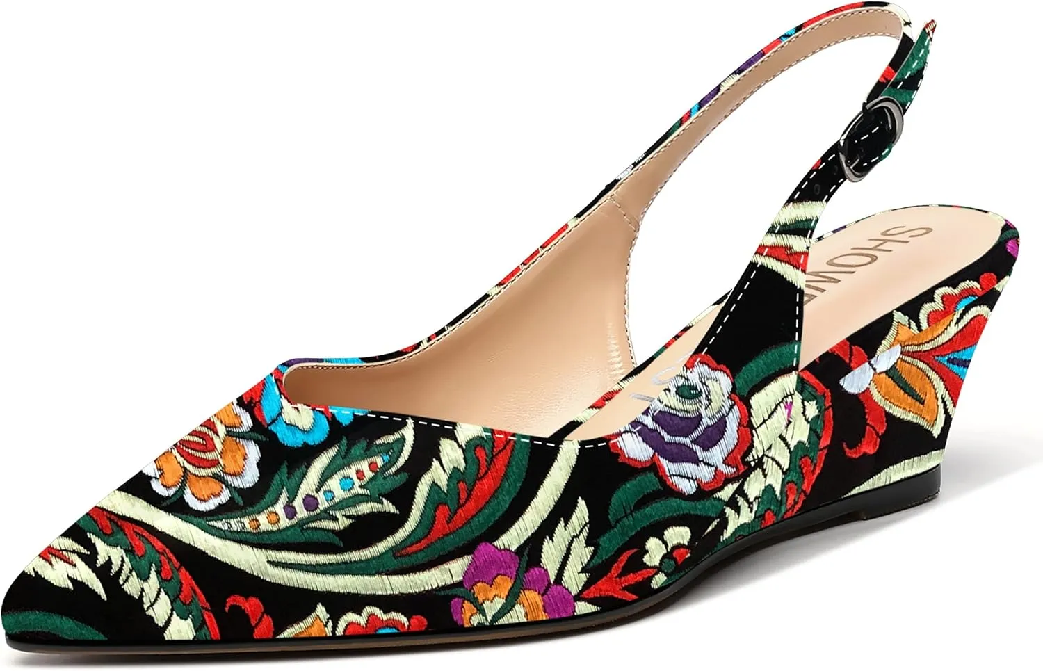 SHOWFOREST Women's Dating Adjustable Strap Buckle Solid Fashion Patent Pointed Toe Wedge Low Heel Pumps Shoes 2 Inch