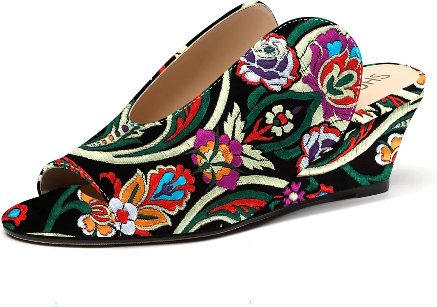 SHOWFOREST Women's Open Toe Casual Solid Slip On Outdoor Round Toe Patent Wedge Low Heel Pumps Shoes 2 Inch