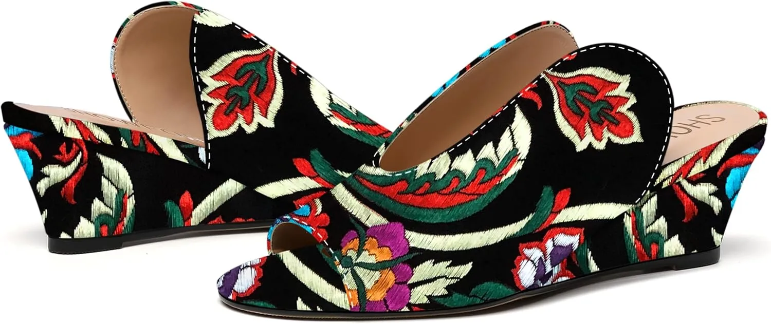 SHOWFOREST Women's Open Toe Casual Solid Slip On Outdoor Round Toe Patent Wedge Low Heel Pumps Shoes 2 Inch