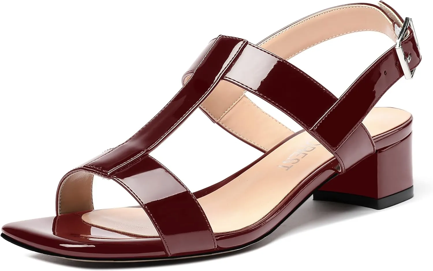SHOWFOREST Women's Solid Adjustable Strap Patent Outdoor Buckle Square Toe Casual Chunky Low Heel Heeled Sandals 1.5 Inch