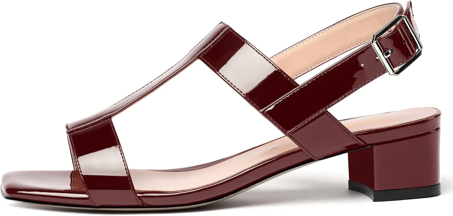 SHOWFOREST Women's Solid Adjustable Strap Patent Outdoor Buckle Square Toe Casual Chunky Low Heel Heeled Sandals 1.5 Inch