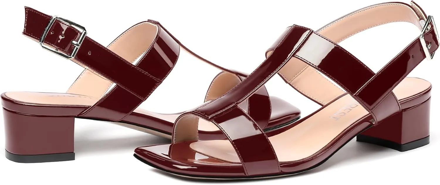 SHOWFOREST Women's Solid Adjustable Strap Patent Outdoor Buckle Square Toe Casual Chunky Low Heel Heeled Sandals 1.5 Inch