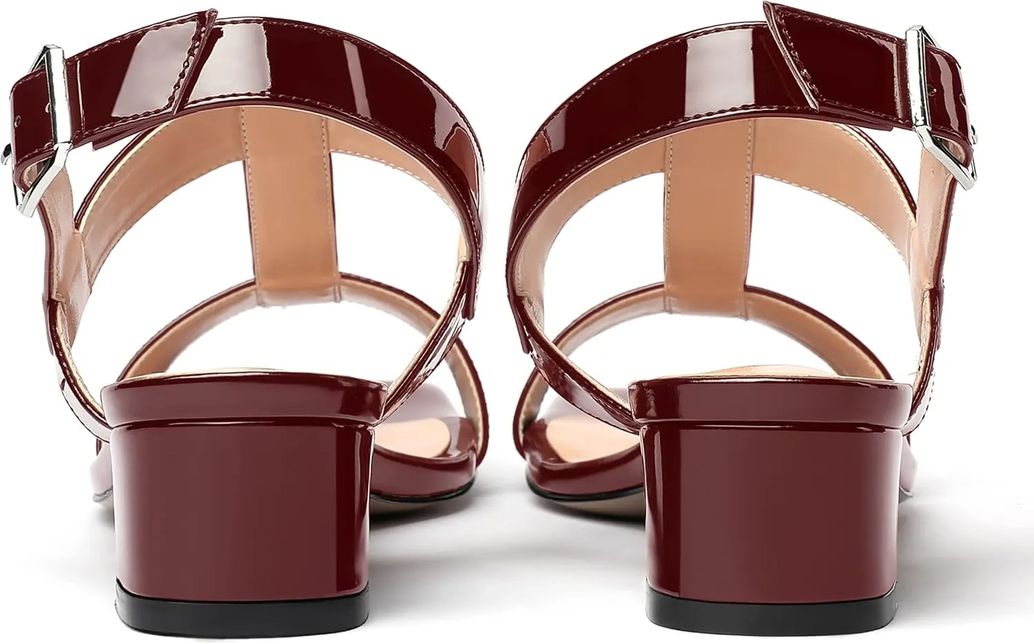 SHOWFOREST Women's Solid Adjustable Strap Patent Outdoor Buckle Square Toe Casual Chunky Low Heel Heeled Sandals 1.5 Inch