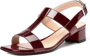 SHOWFOREST Women's Solid Adjustable Strap Patent Outdoor Buckle Square Toe Casual Chunky Low Heel Heeled Sandals 1.5 Inch