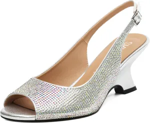 SKYSTERRY Women's Peep Toe Slingback Kitten Wedge Heel Sandals Low Heel Comfortable Sexy Dress Pumps Shoes for Wedding Party Evening 2.4 Inch