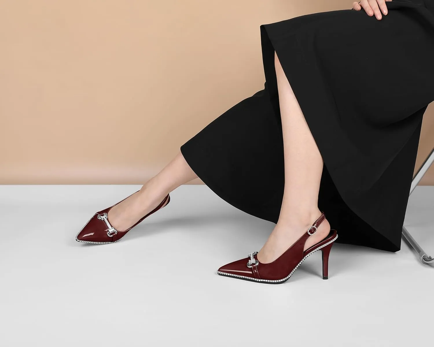 Slingback Heels for Women Stilettos High Heel Crystal-Encrusted Buckled Heels Pointd Toe Pumps 3.5 Inch Comfortable Event Party Dress Shoes