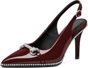 Slingback Heels for Women Stilettos High Heel Crystal-Encrusted Buckled Heels Pointd Toe Pumps 3.5 Inch Comfortable Event Party Dress Shoes