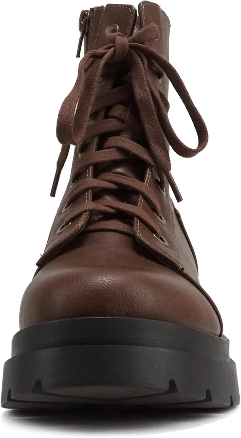 Soda “AMINA” ~ Women Round Toe Lace-Up Platform Lug Sole Low Heel Combat Ankle Boot with Sweater Top Shaft Side Zipper